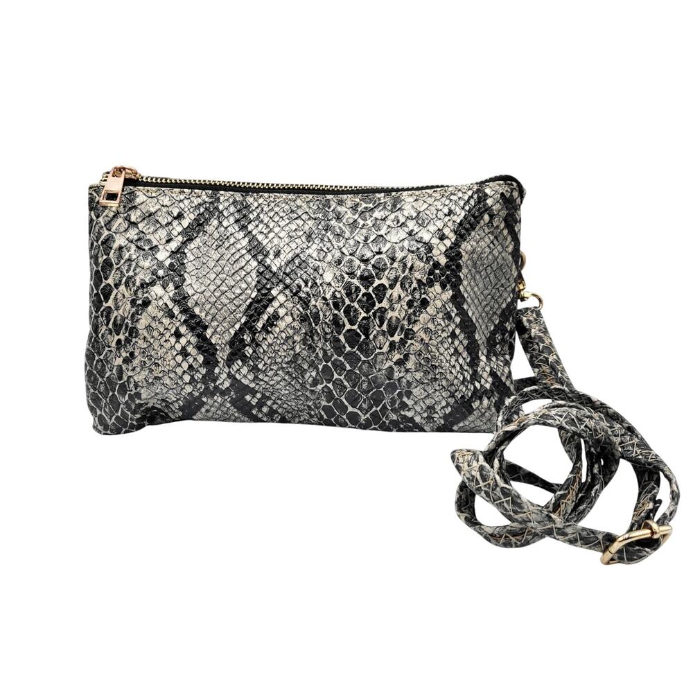 Caroline Hill Snakeskin Print Crossbody Bag Accordion Style Gray Black & White